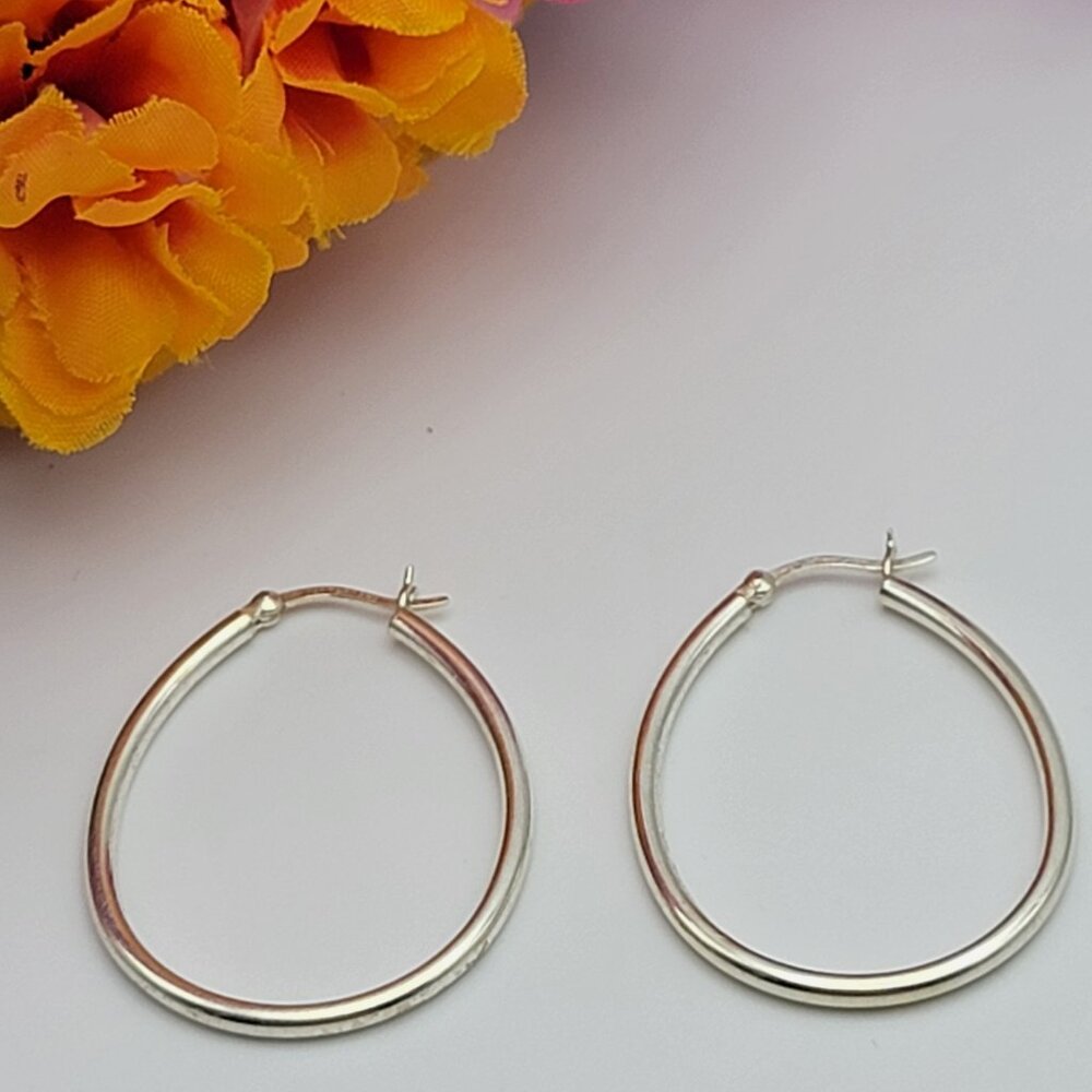 925 Sterling Silver Oval Hoop Earrings 1.75" Vintage Signed AV
